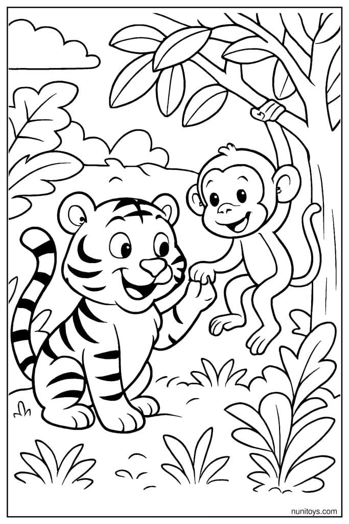 Tiger Cub Playing with a Monkey in the Jungle Coloring Page