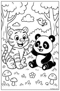 Tiger and Panda Playing Together in the Forest