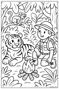 Tiger Sitting by a Campfire with a Young Explorer