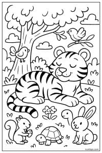 Sleeping Tiger Surrounded by Forest Animals Coloring Page