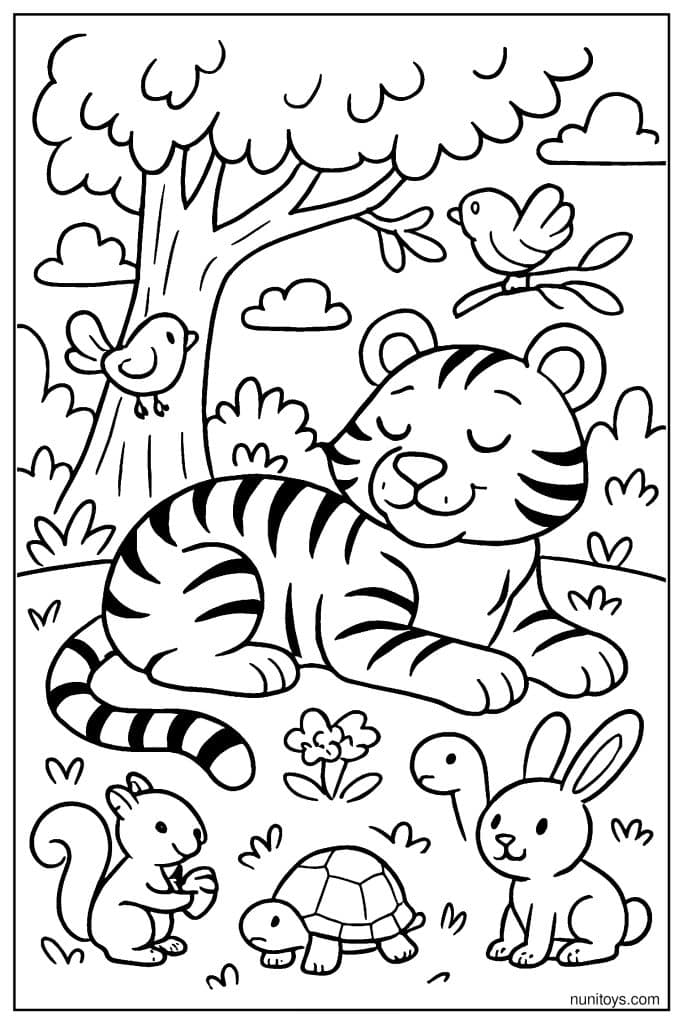 Sleeping Tiger Surrounded by Forest Animals Coloring Page