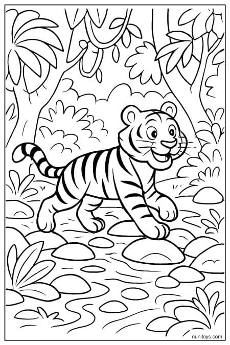 Tiger Walking Along a Forest Path with Lush Plants Coloring Page