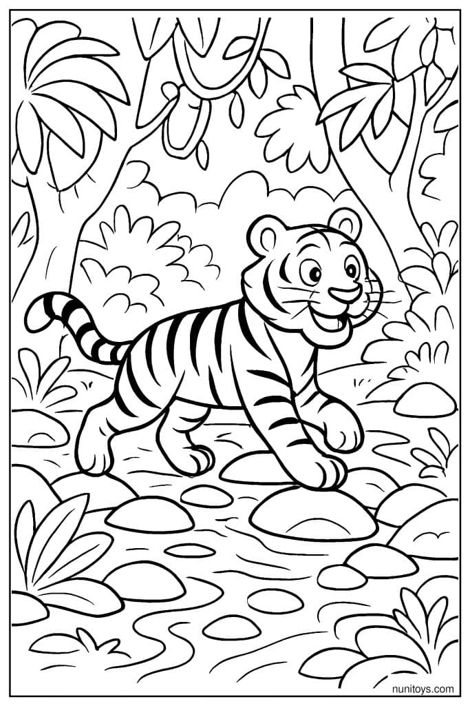 Tiger Walking Along a Forest Path with Lush Plants Coloring Page
