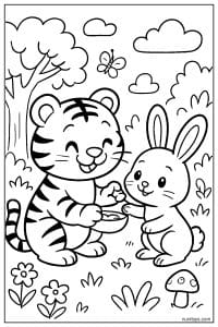 Tiger Sharing a Snack with a Bunny in Nature Coloring Page