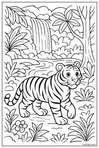 Tiger Walking Near a Waterfall in a Tropical Jungle