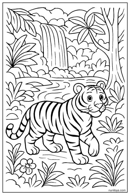 Tiger Walking Near a Waterfall in a Tropical Jungle Coloring Sheet