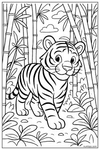Tiger Walking Through a Bamboo Forest Coloring Page