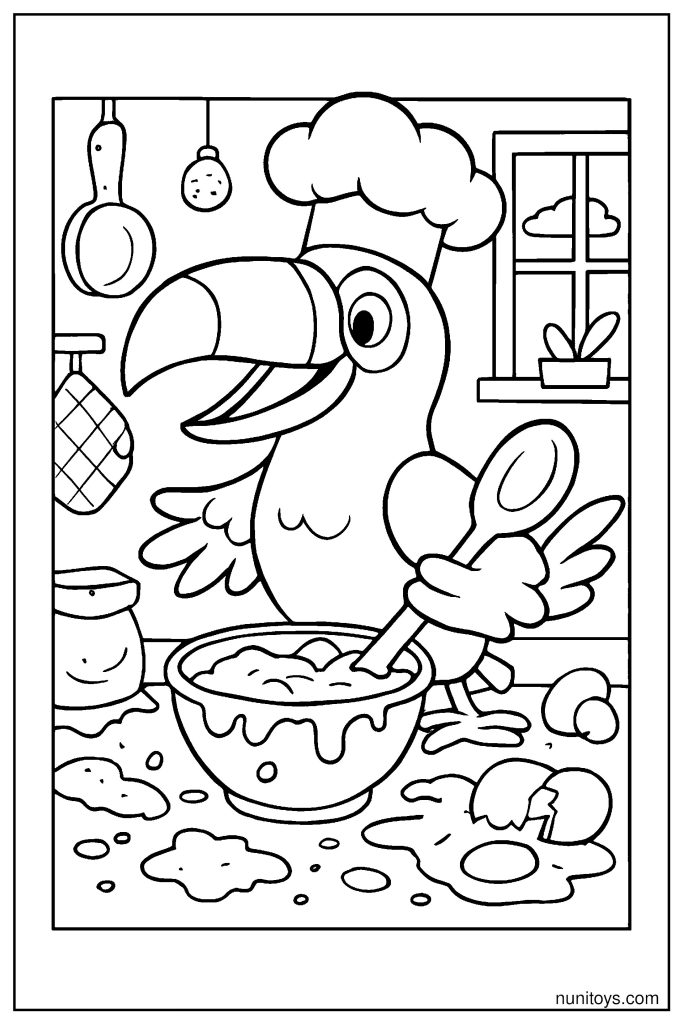 Toucan Cooking in the Kitchen Coloring Page