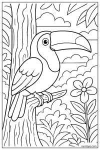 Toucan perched on a textured tree trunk coloring page