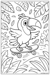 Toucan Riding Skateboard Through Jungle Path Coloring Page