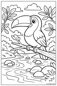 Toucan Standing on a Branch Above a River Coloring Page