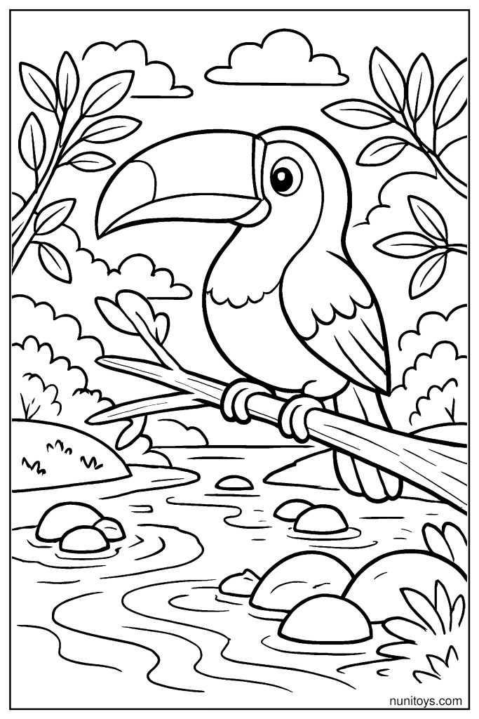 Toucan Standing on a Branch Above a River Coloring Page