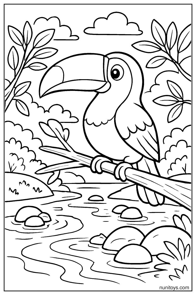 Toucan Standing on a Branch Above a River Coloring Page