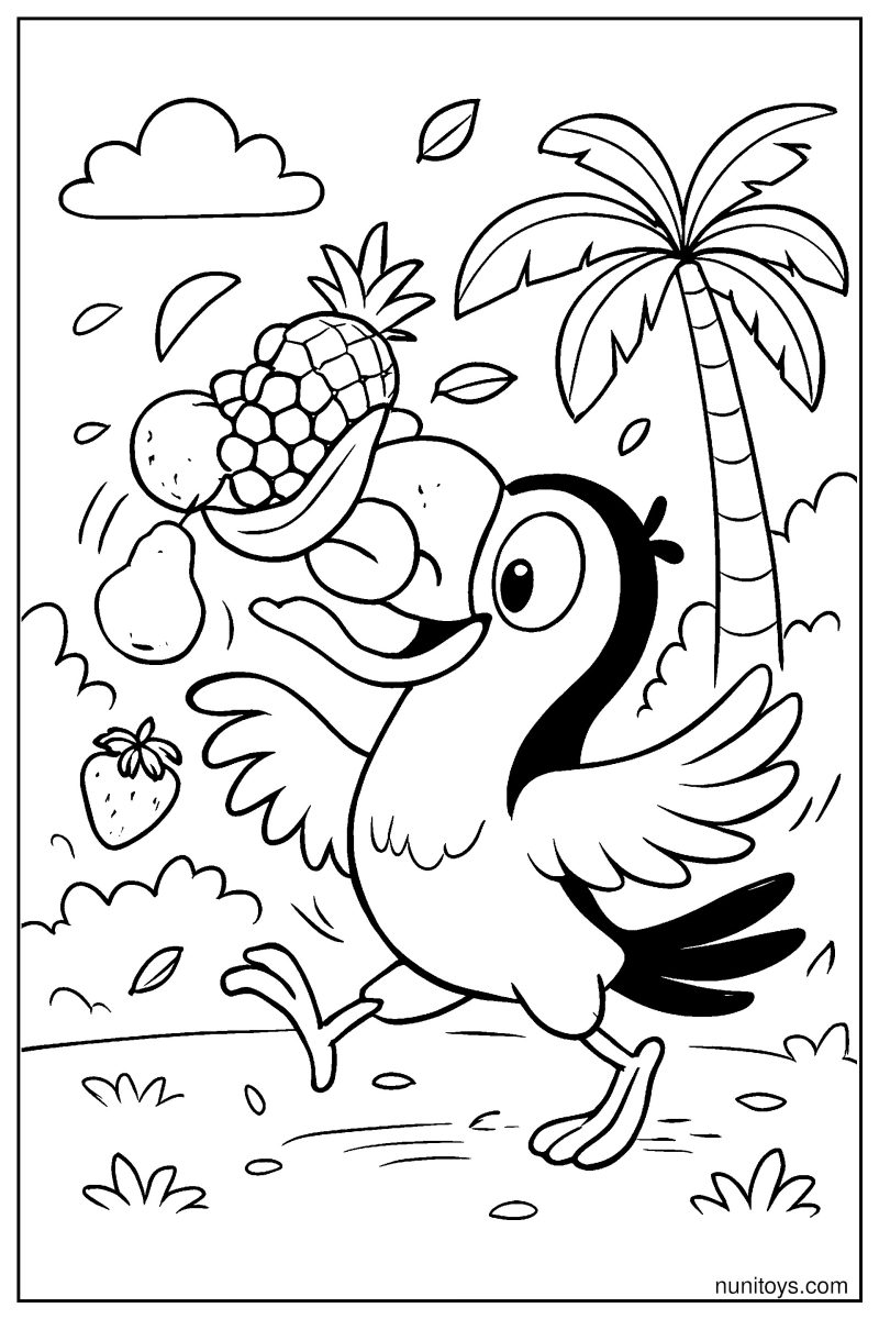 Toucan Carrying Too Many Fruits Coloring Page