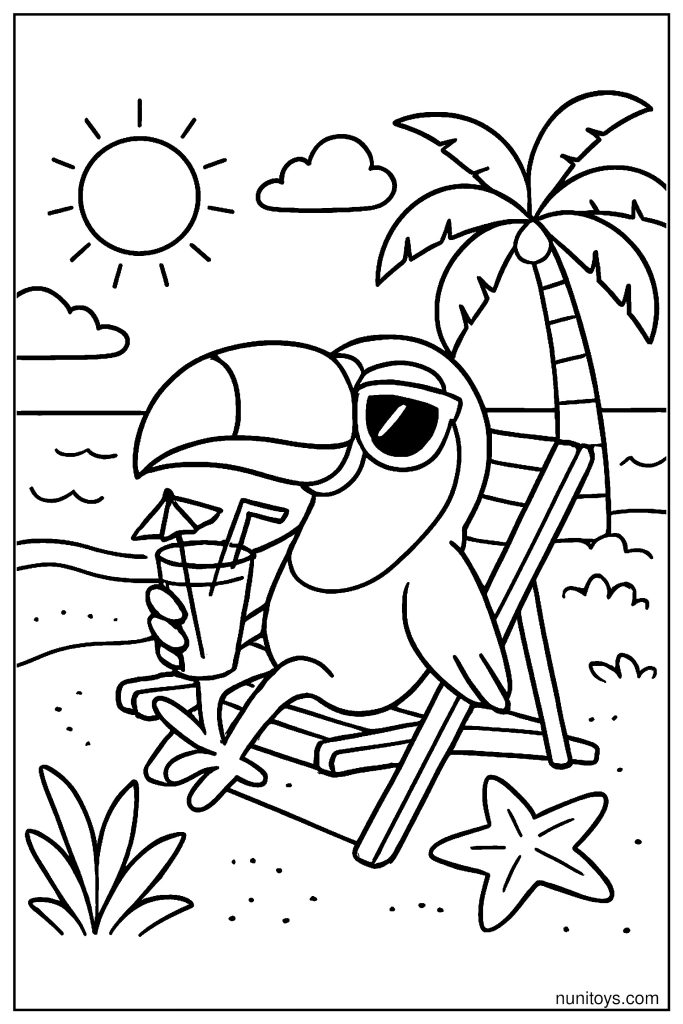 Toucan in Sunglasses Relaxing on a Beach Chair Coloring Page