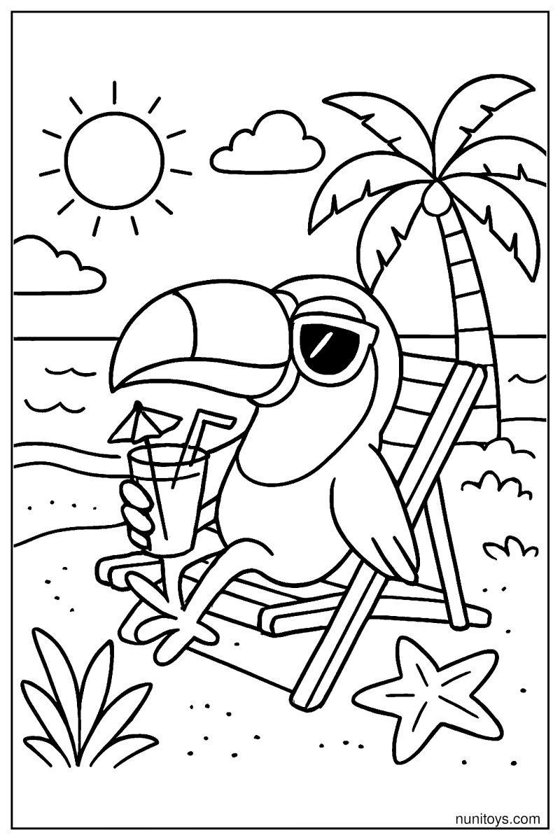 Toucan in Sunglasses Relaxing on a Beach Chair Coloring Page