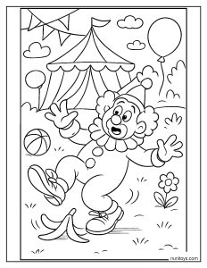 Traditional Circus Clown Slipping on a Banana Peel Coloring Page
