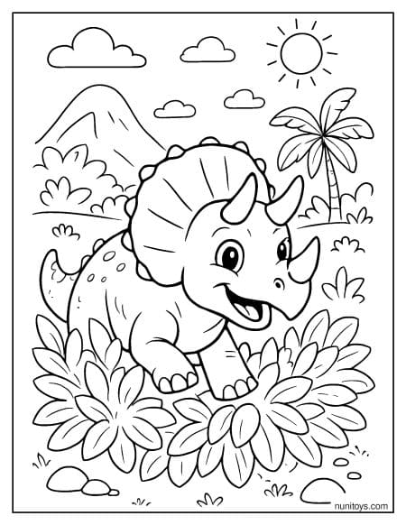 Triceratops Surrounded by Large Flowers Coloring Page