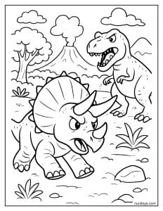 דף צביעה של טריצרטופס אמיץ מתמודד מול טירנוזאורוס בנוף פראי