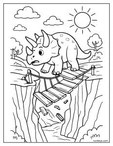 Triceratops Crossing a Collapsing Bridge Coloring Page