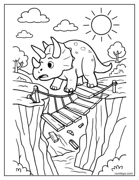 Triceratops Crossing Wooden Bridge Over Canyon Coloring Page