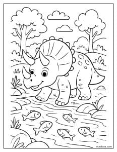 Triceratops Crossing a Shallow Stream Coloring Page