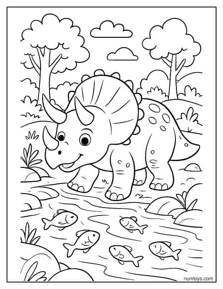 Triceratops Watching Fish in Shallow River Coloring Page
