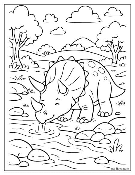 Triceratops Drinking Water from Rocky Stream Coloring Page