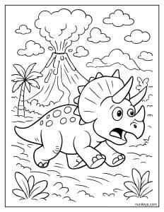 Triceratops Escaping a Volcanic Eruption Coloring Page