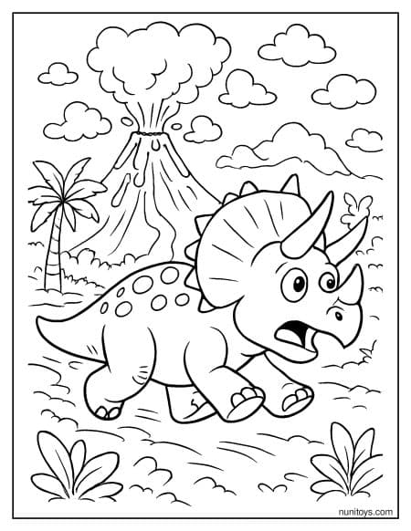 Triceratops Moving Through Landscape with Erupting Volcano Coloring Page
