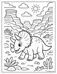 Triceratops Exploring a Canyon Coloring Page
