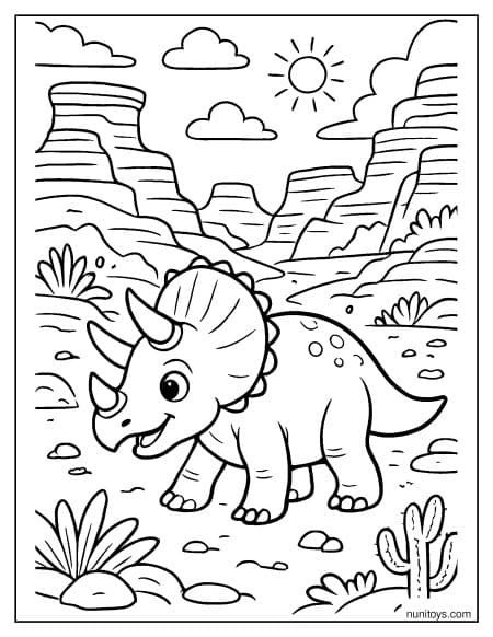 Triceratops Walking in Desert Canyon Landscape Coloring Page
