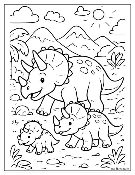 Triceratops Family Walking Together in Nature Coloring Page