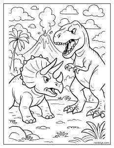 Triceratops fighting against a Tyrannosaurus Coloring Page