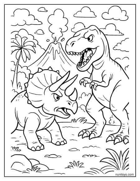 Triceratops and T-Rex Face-Off Near Volcano Coloring Page