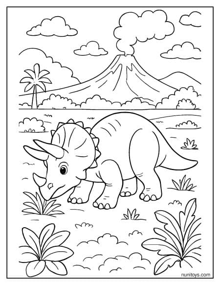 Triceratops Standing Near Volcano Landscape Coloring Page