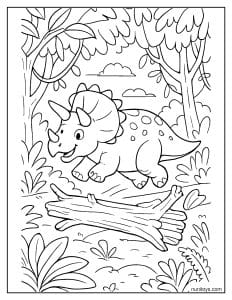 Triceratops Jumping Over Fallen Trees in a Dense Jungle Coloring Page