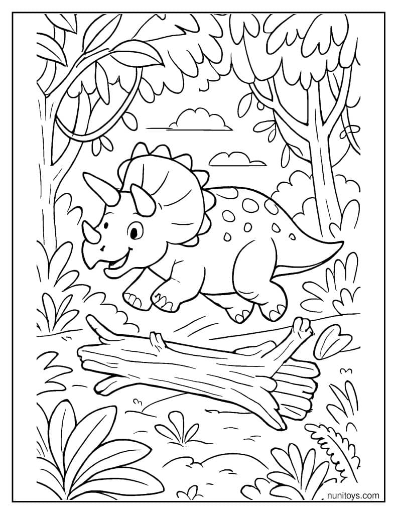 Triceratops Jumping Over Fallen Trees in a Dense Jungle Coloring Page