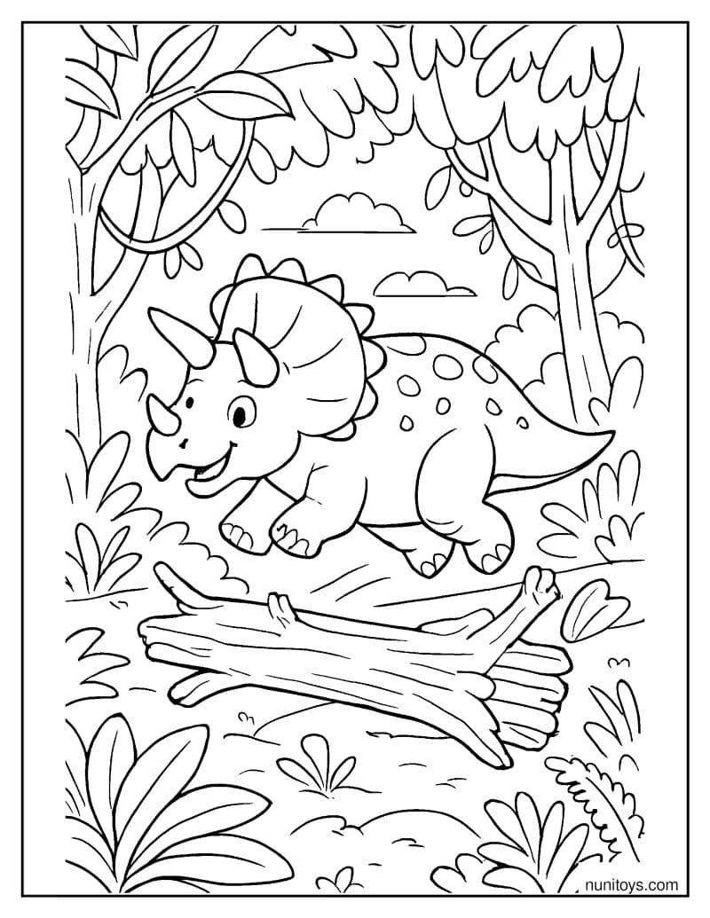 Triceratops Jumping Over Fallen Trees in a Dense Jungle Coloring Page