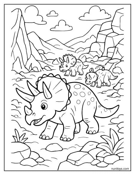 Triceratops Leading Babies Through Rocky Valley Coloring Page