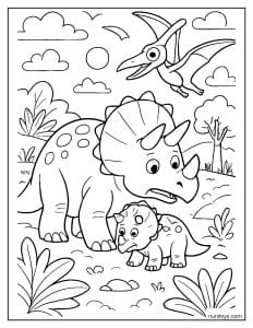 Triceratops Protecting Its Baby from a Flying Pterosaur Coloring Page