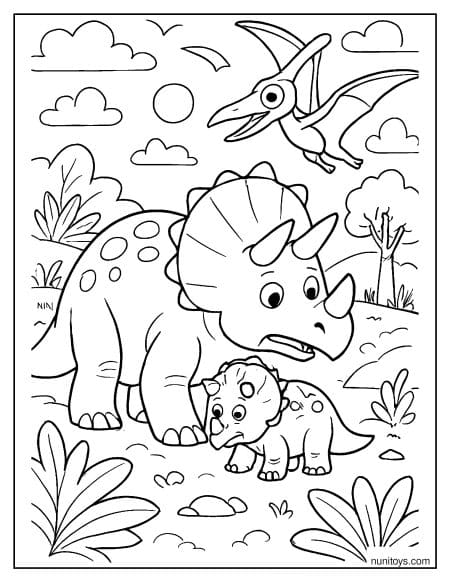 Triceratops Protecting Baby with Pterosaur Above Coloring Page