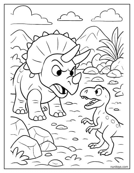 Triceratops Facing Small Dinosaur in Rocky Area Coloring Page