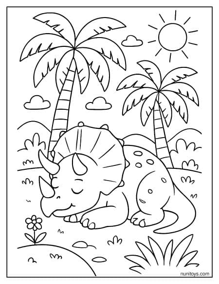 Sleeping Triceratops Resting Under Palm Trees Coloring Page