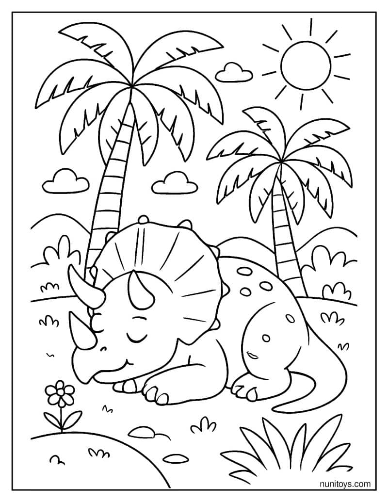 Triceratops Resting Under Giant Palm Trees Coloring Page