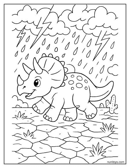 Baby Triceratops Walking in Rainy Landscape Coloring Page