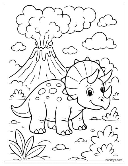 Triceratops Standing Near Smoking Volcano Coloring Page
