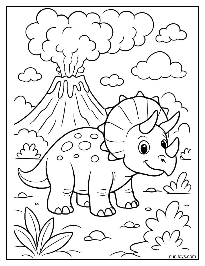 Triceratops Near an Erupting Volcano Coloring Page