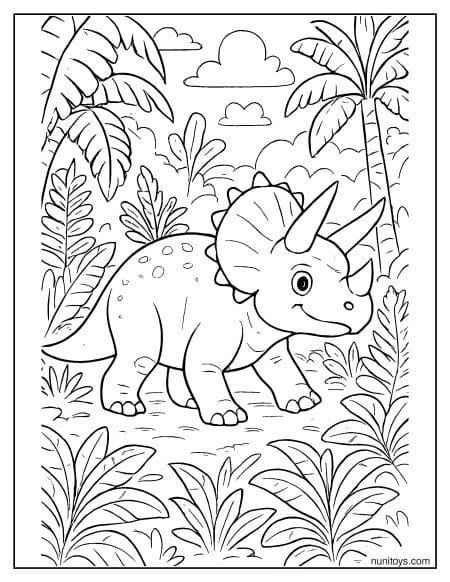 Triceratops Walking Through Dense Jungle Plants Coloring Page