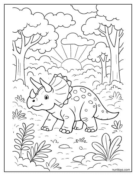 Triceratops Walking Alone Through Forest Path Coloring Page